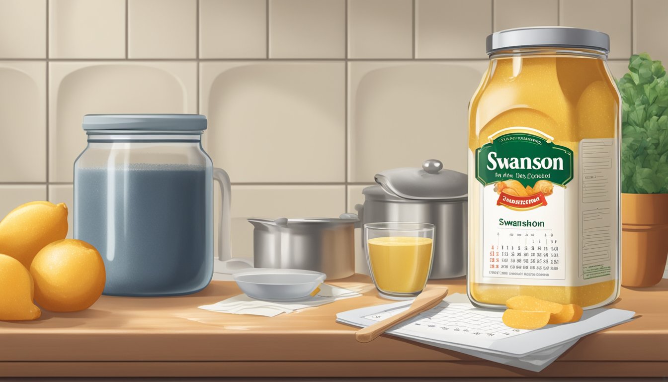 A clear glass jar of Swanson Chicken Broth sits on a kitchen counter, next to a calendar with a few days crossed off