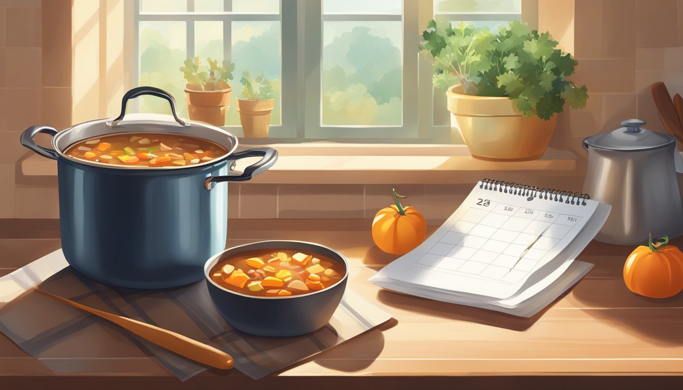 A pot of stew sits on a kitchen shelf next to a calendar and a thermometer. Sunlight streams in through the window, casting a warm glow on the scene