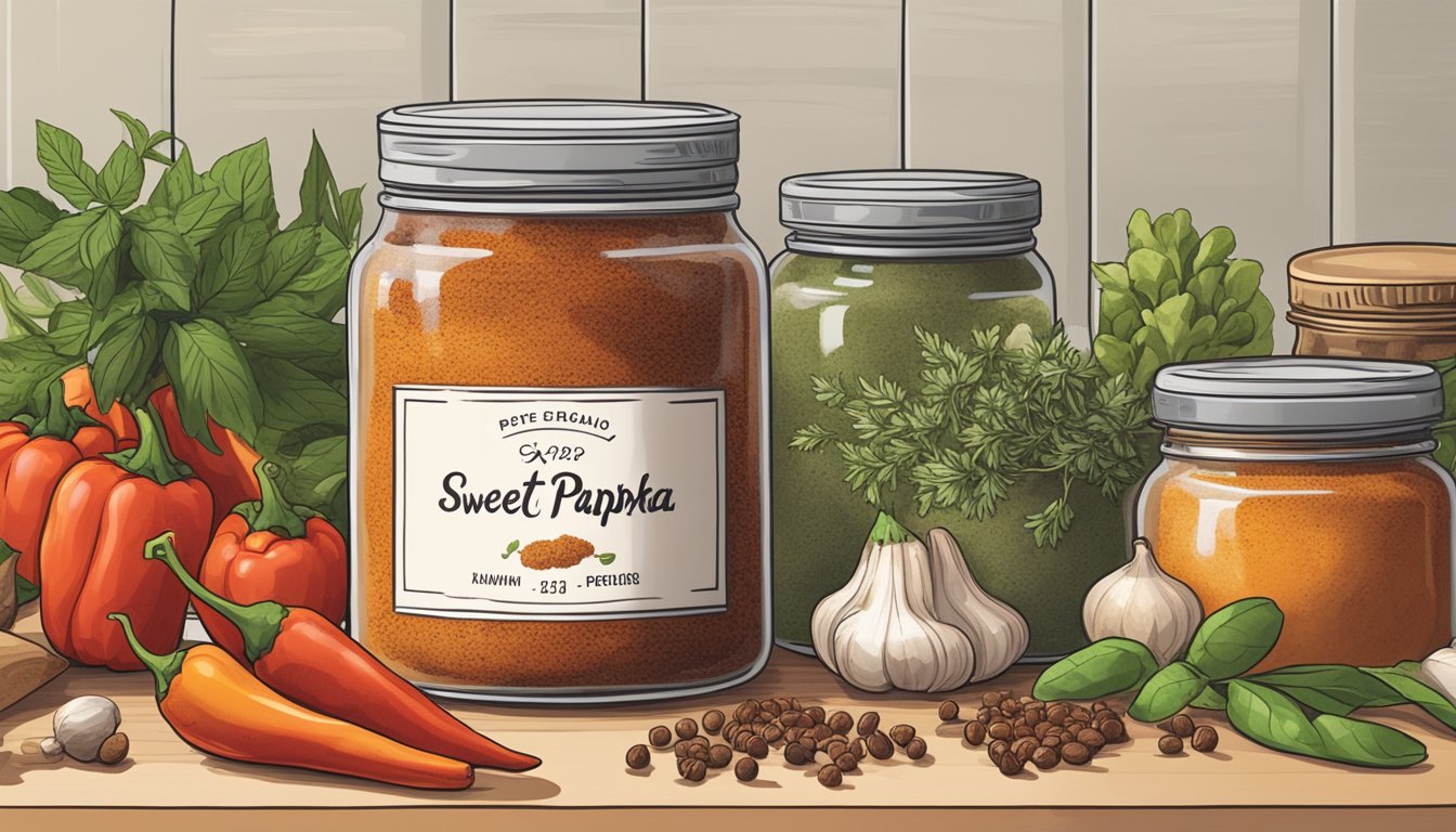 A jar of sweet paprika sits on a kitchen counter, surrounded by various spices and herbs. The label on the jar indicates its expiration date