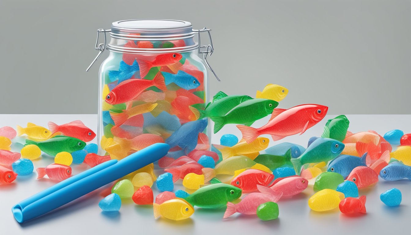 A clear glass jar filled with colorful Swedish Fish sits on a kitchen counter, surrounded by scattered candies and a calendar with the date circled