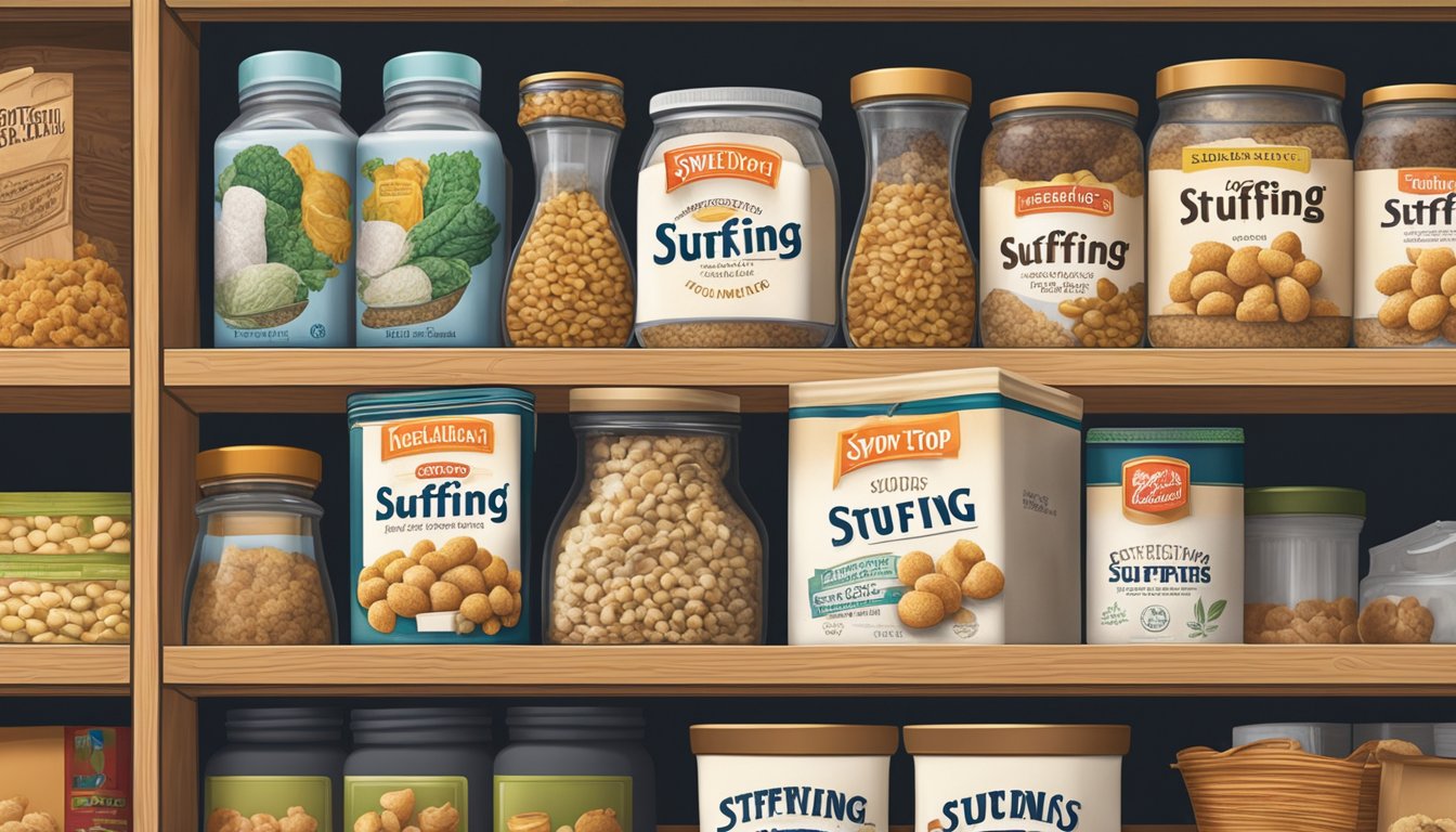 A box of Stove Top Stuffing sits on a pantry shelf, surrounded by other dry goods. The expiration date is clearly visible