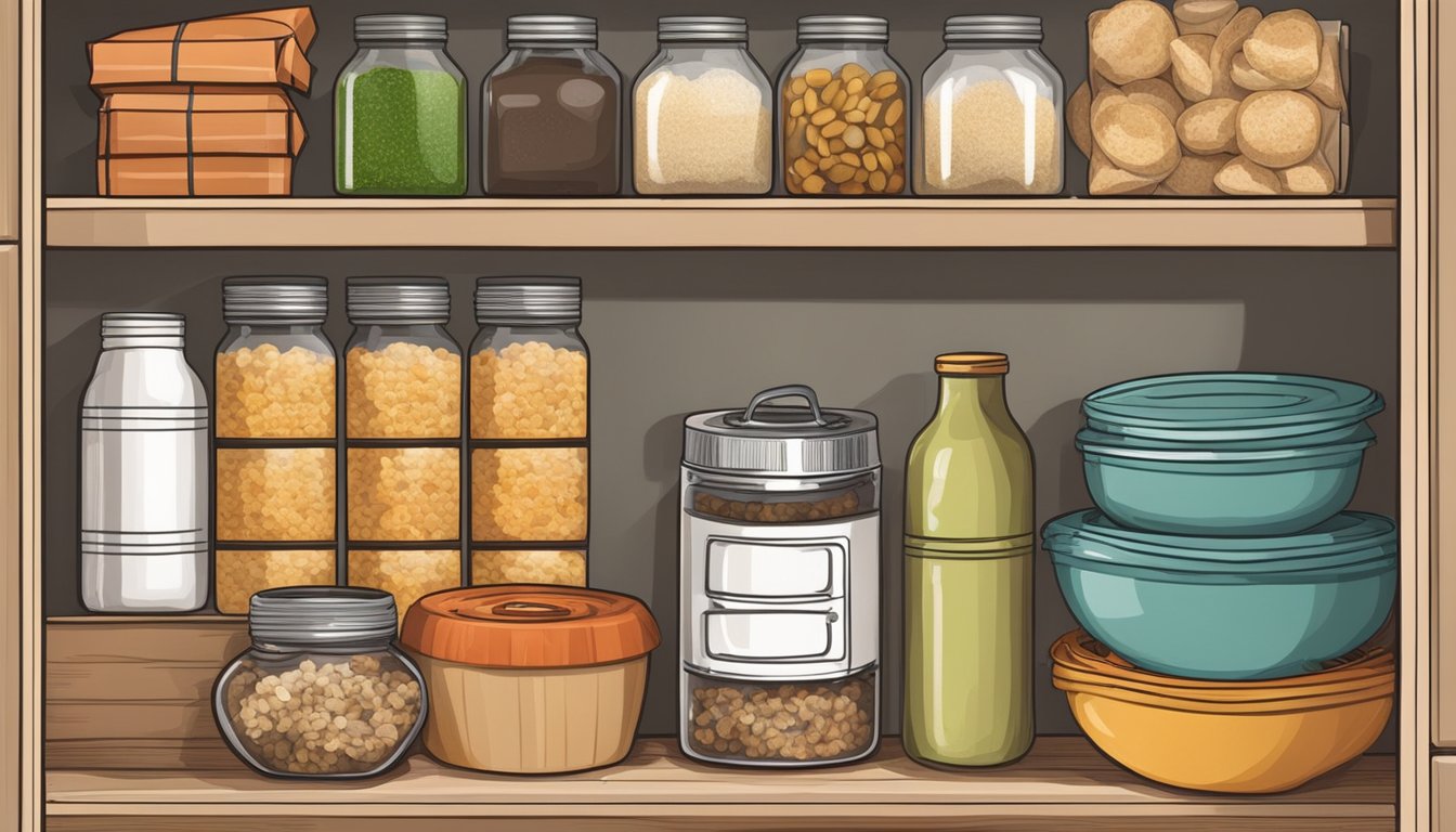 A pantry shelf with a box of Stove Top Stuffing, alongside other dry goods