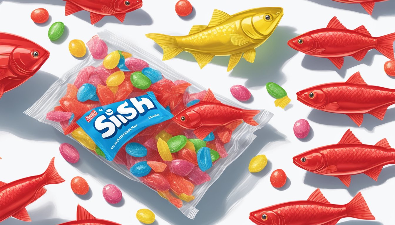 A clear, plastic bag of Swedish Fish sits on a white kitchen counter, surrounded by scattered candy wrappers. The fish are bright red and glistening, with no signs of discoloration or staleness