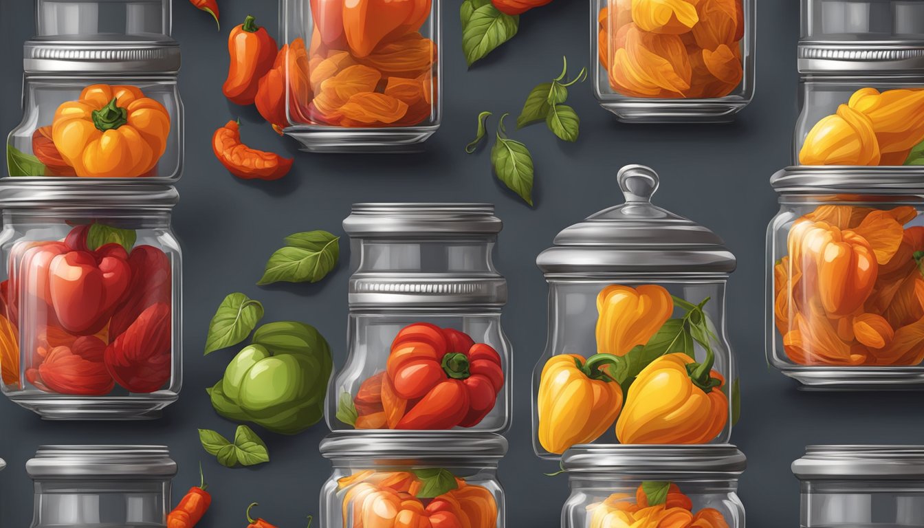 A glass jar filled with fresh sweet paprika, sealed tightly with a lid, placed in a cool, dark pantry