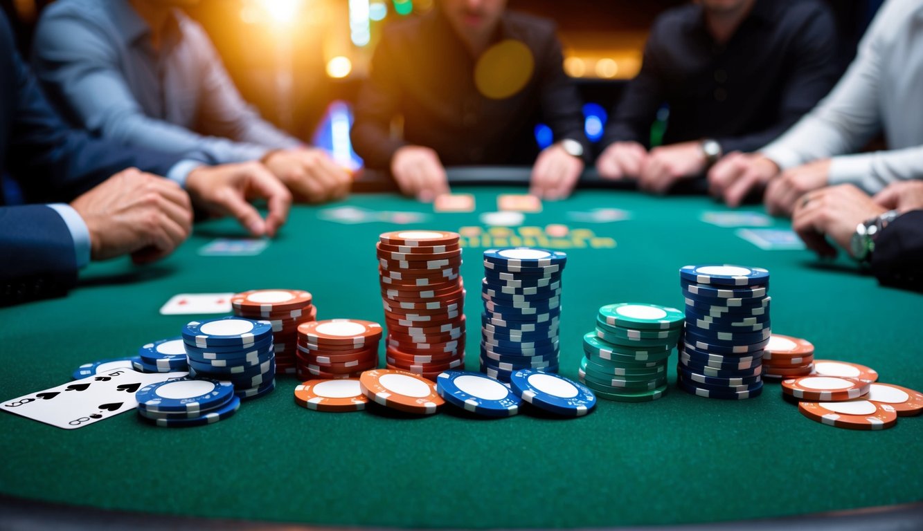 Sekelompok chip poker dan kartu yang disusun di atas meja modern yang ramping dengan permukaan felt hijau, dikelilingi oleh pemain dalam permainan yang intens