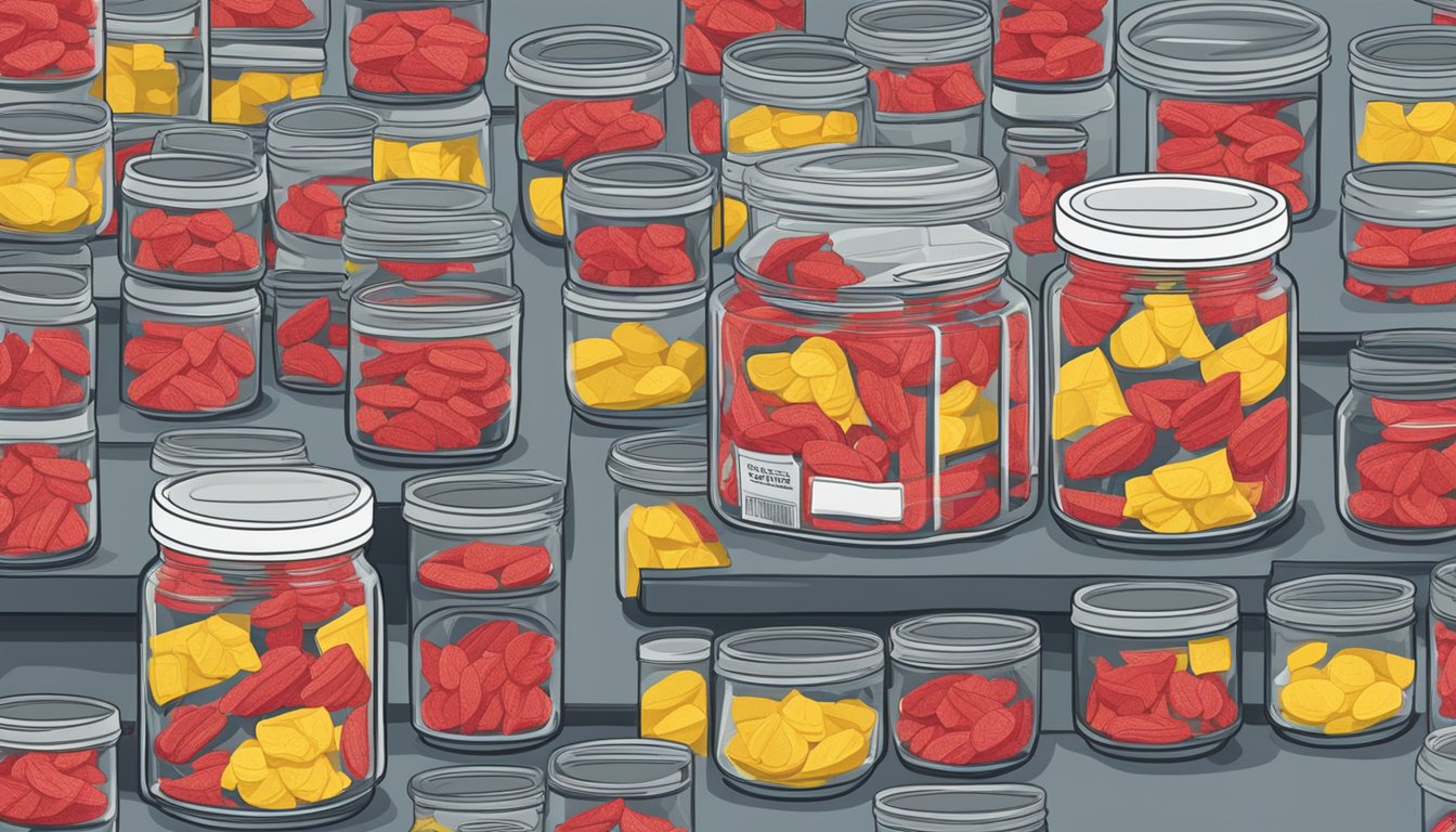 A jar of Swedish Fish sits on a shelf, surrounded by neatly organized storage containers. The label on the jar indicates the expiration date