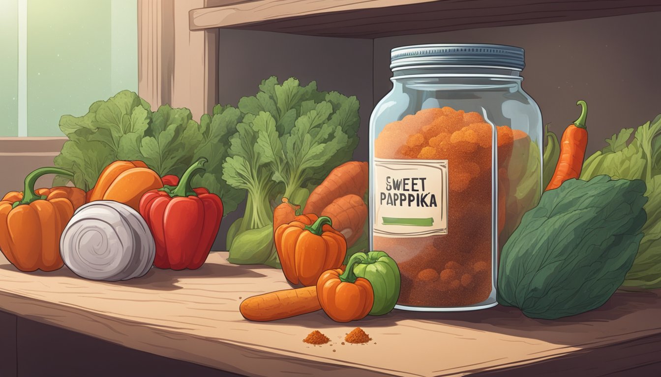 A jar of sweet paprika sits on a dusty shelf, its label fading. Nearby, a pile of moldy vegetables indicates the consequences of neglect