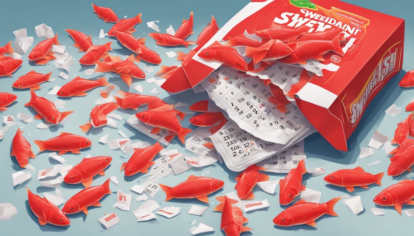 A pile of Swedish Fish spilling out of a torn open package, scattered on a countertop with a calendar in the background