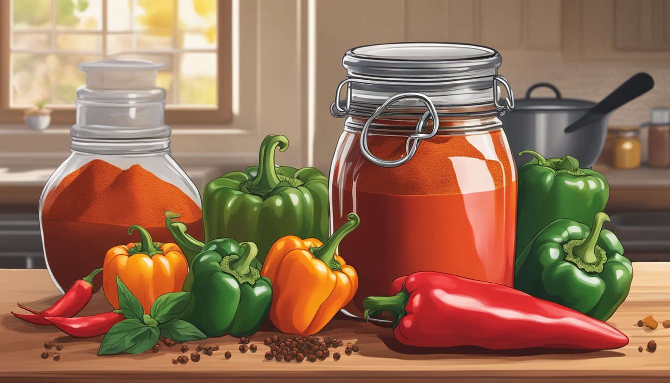 A jar of sweet paprika sits on a kitchen counter, surrounded by fresh red peppers and a mortar and pestle. The vibrant colors and aromatic spices suggest a scene of culinary preparation and preservation