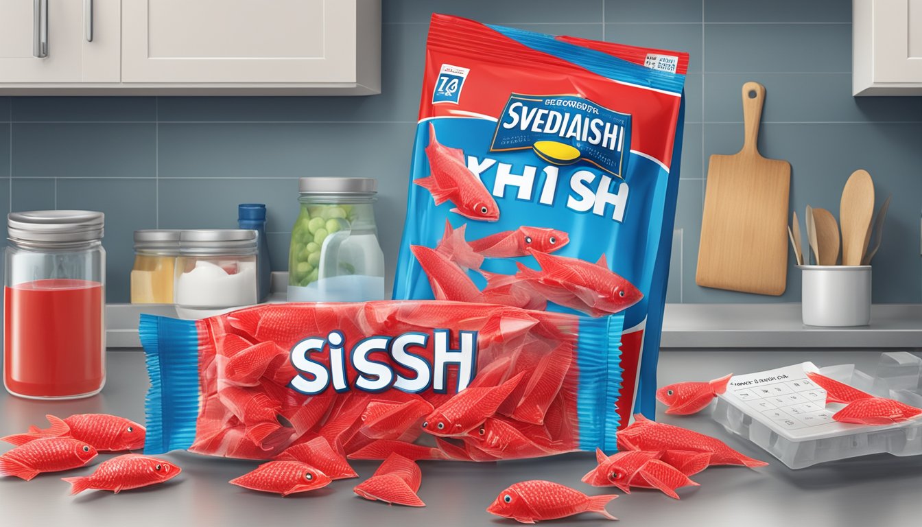 A pack of Swedish Fish sits unopened on a kitchen counter, surrounded by various expiration date labels and a calendar