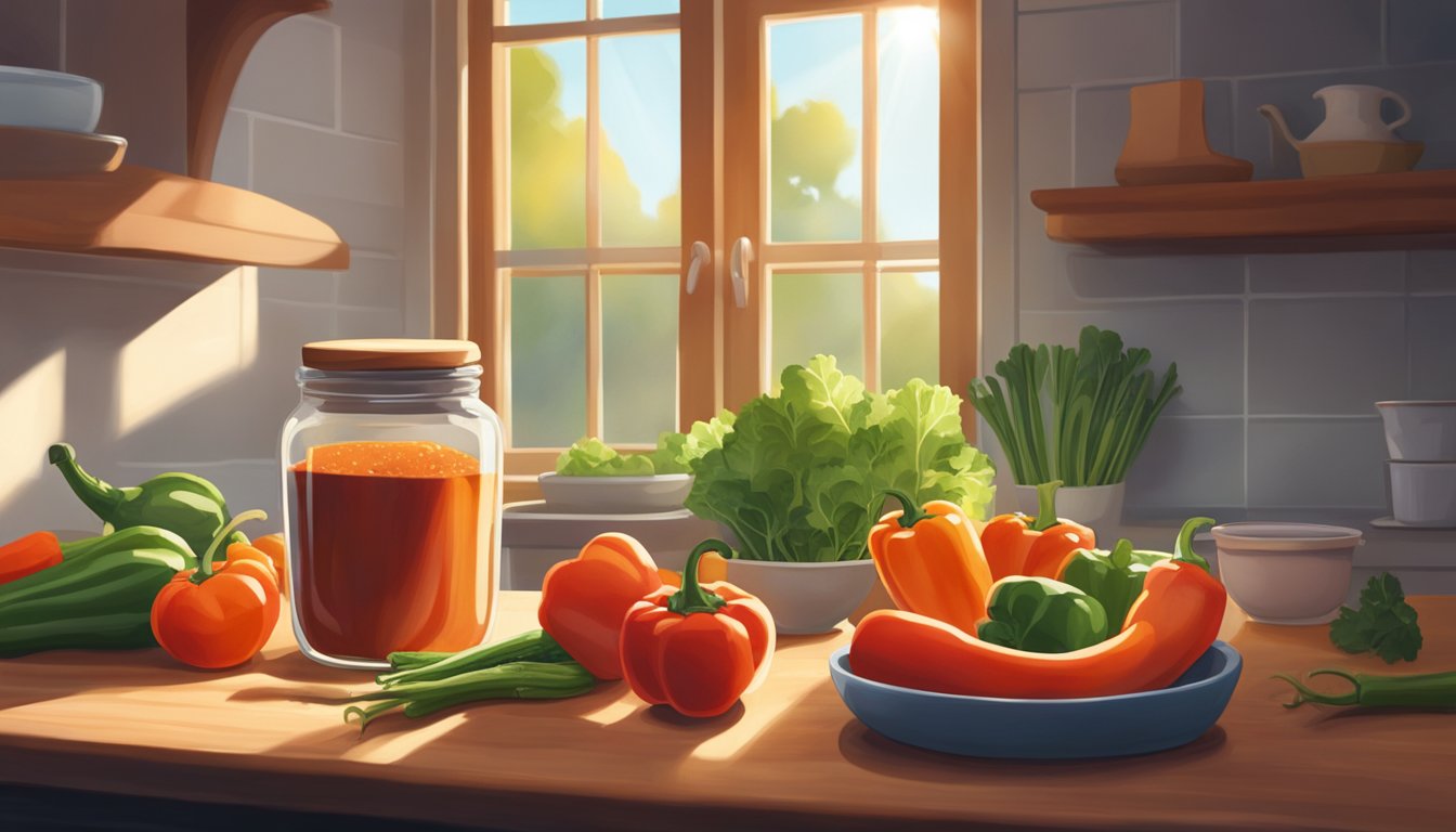 A jar of sweet paprika sits on a kitchen counter next to a cutting board and a bowl of fresh vegetables. The sunlight streams in through the window, casting a warm glow over the scene