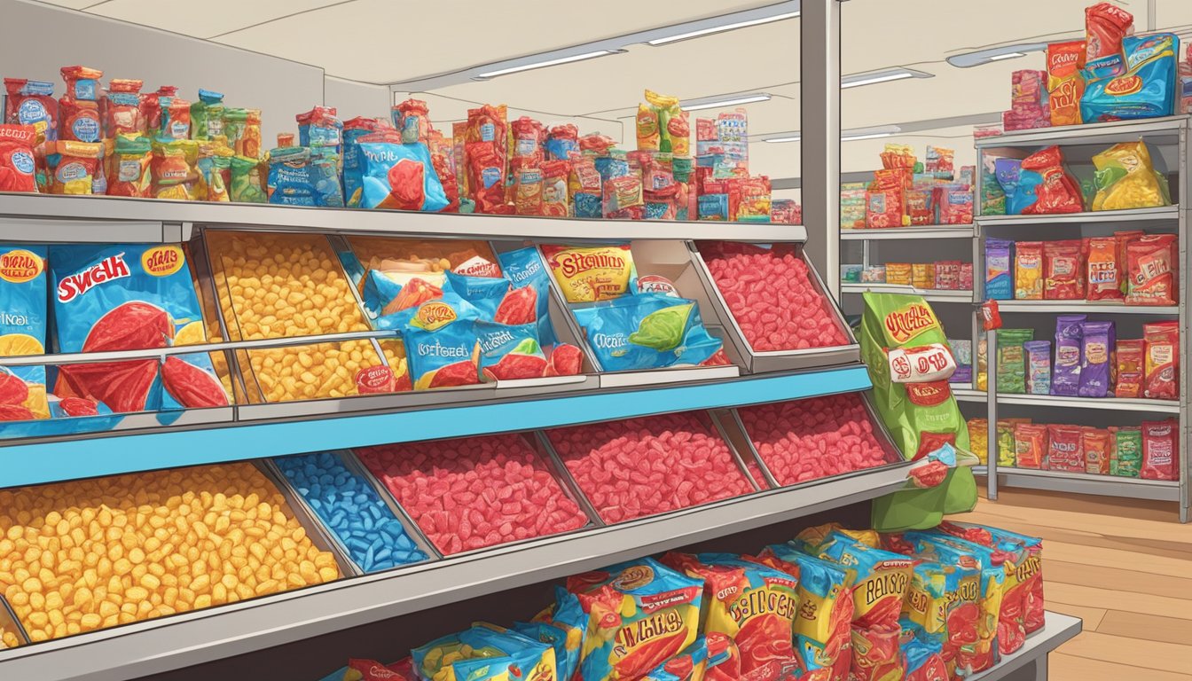 A pack of Swedish Fish sits on a shelf beside other candy products, with a sign displaying the price and a crowd of customers browsing nearby