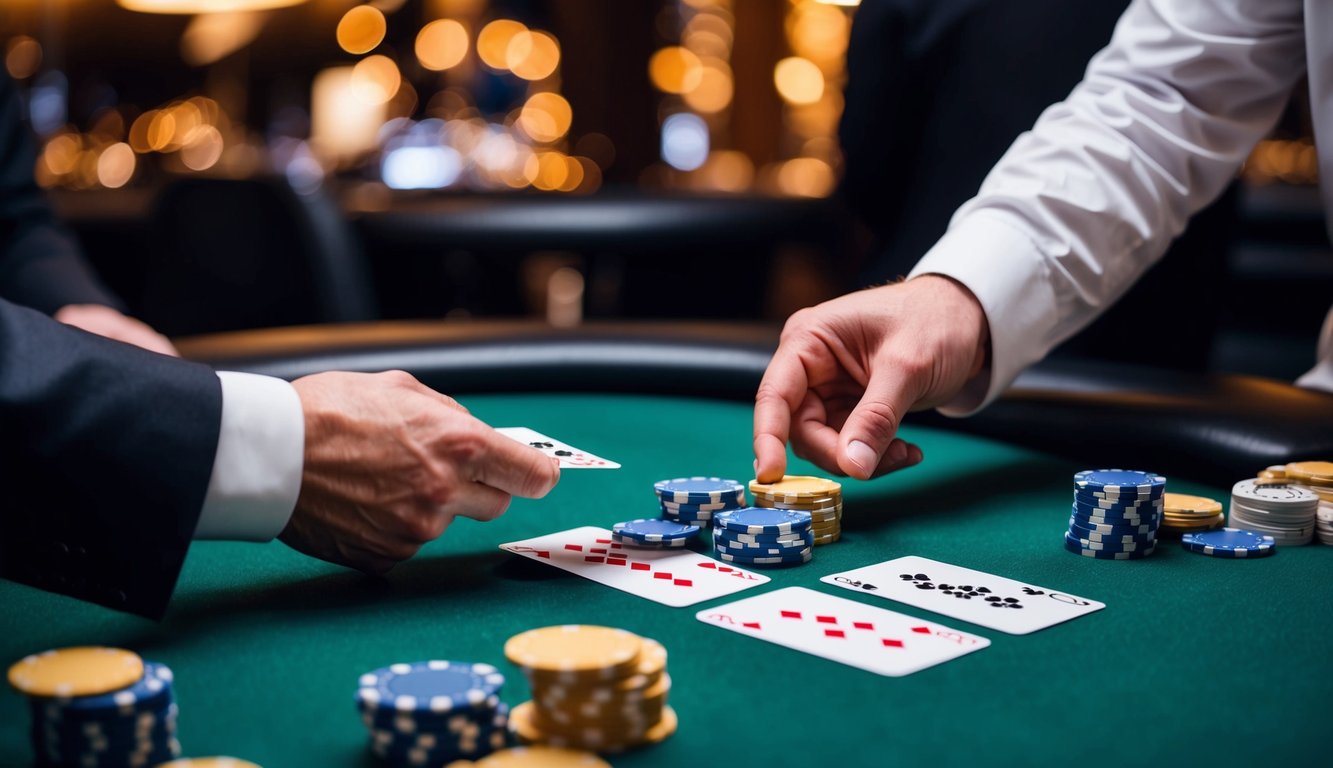 Sebuah meja poker dengan kartu, chip, dan tangan dealer yang membagikan tangan baru