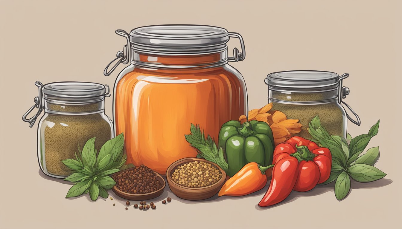 A jar of sweet paprika surrounded by various complementary spices and herbs on a kitchen counter