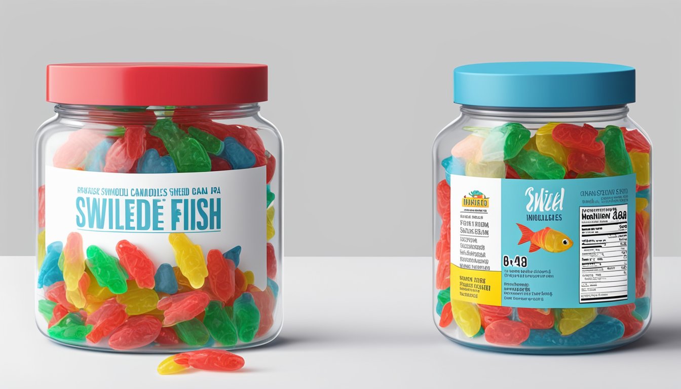 A clear, glass jar filled with colorful Swedish Fish candies, sitting on a white countertop next to a nutrition label