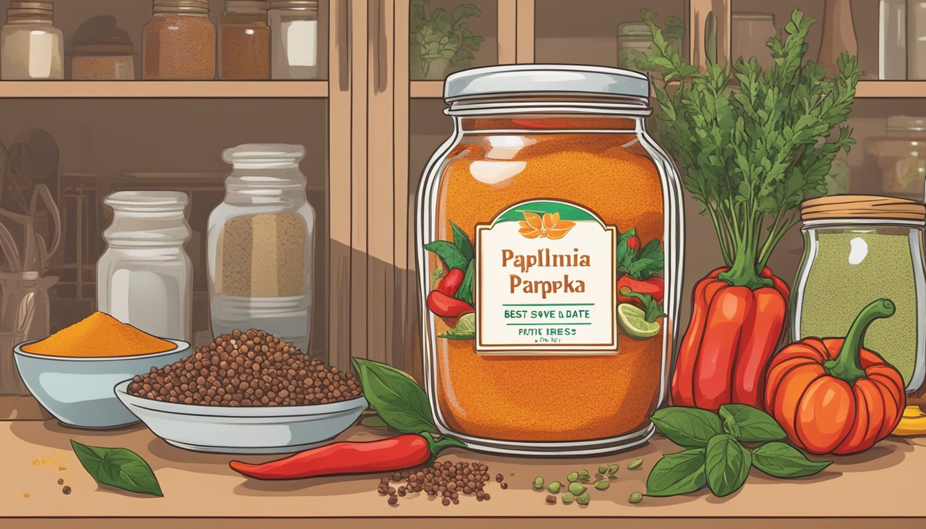 A jar of sweet paprika sits on a kitchen shelf, surrounded by colorful spices and herbs. The label indicates its health attributes and a "best by" date