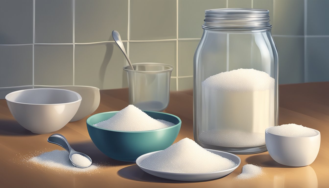 A glass jar filled with granulated sugar sits on a kitchen counter, next to a measuring spoon and a sugar bowl