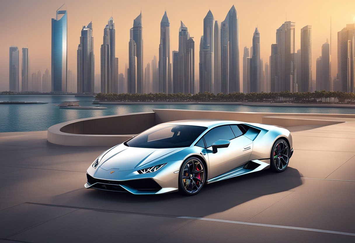 Luxury car rental prices in dubai 2 A sleek huracan evo luxury car parked in front of the huracan evo rent a car office in dubai, with the city skyline in the background