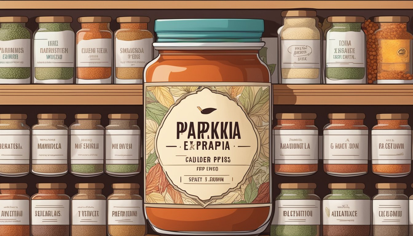 A jar of sweet paprika sits on a shelf, surrounded by other spices. The label indicates the expiration date