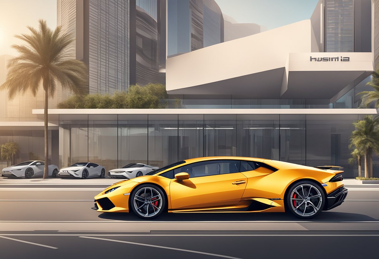 Luxury car rental prices in dubai 3 A sleek huracan evo luxury car parked in front of a modern rental office in dubai, with a sign displaying rental policy and prices