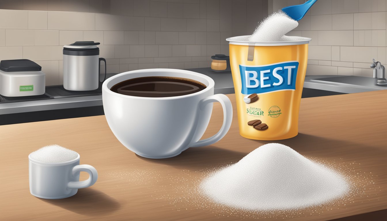 A sealed bag of sugar with a "best by" date, a clean kitchen counter, and a container of sugar being poured into a cup of coffee