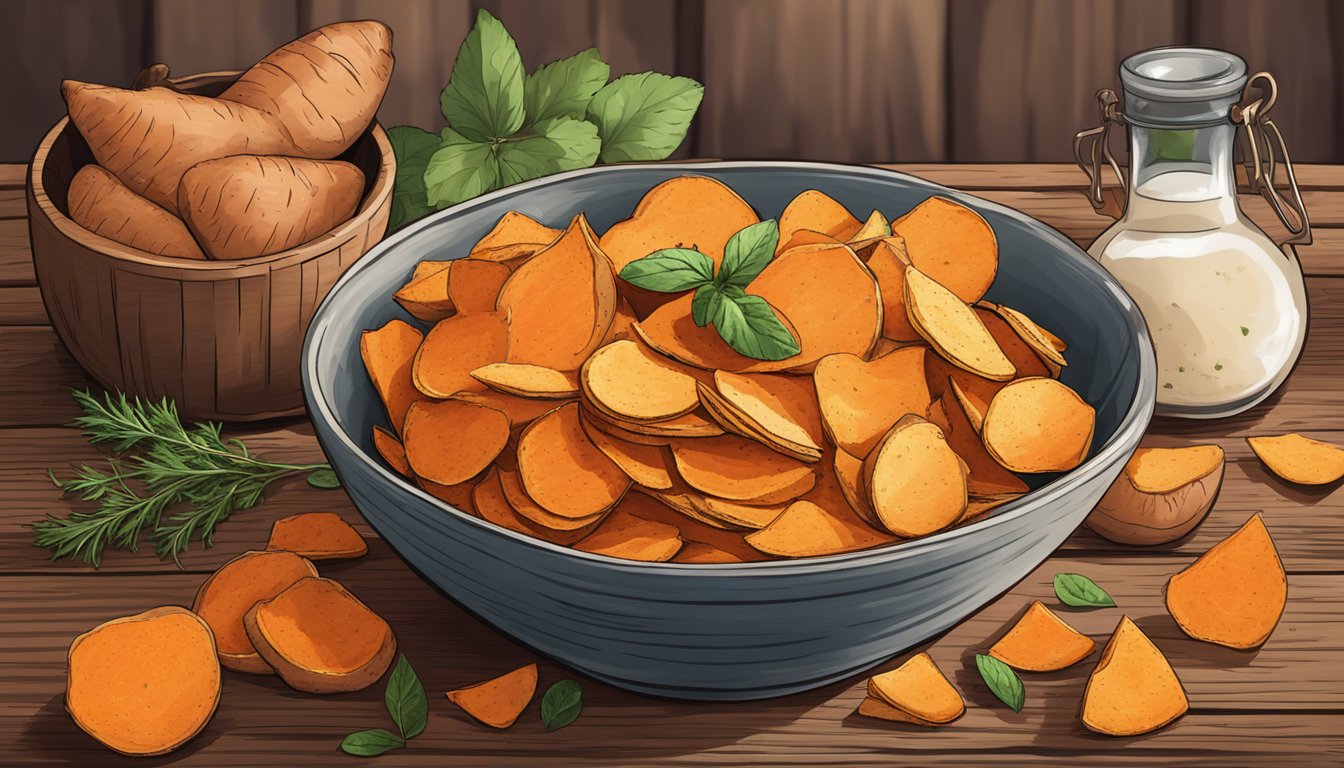 A bowl of sweet potato chips sits on a rustic wooden table, surrounded by fresh sweet potatoes and a few scattered herbs and spices