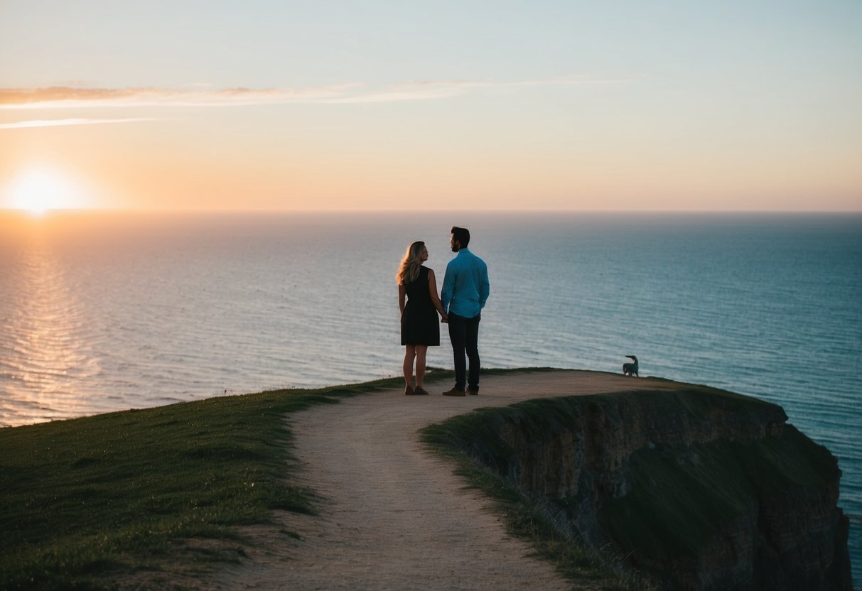 A couple stands on a cliff overlooking a vast, serene ocean, with the setting sun casting a warm glow over the scene