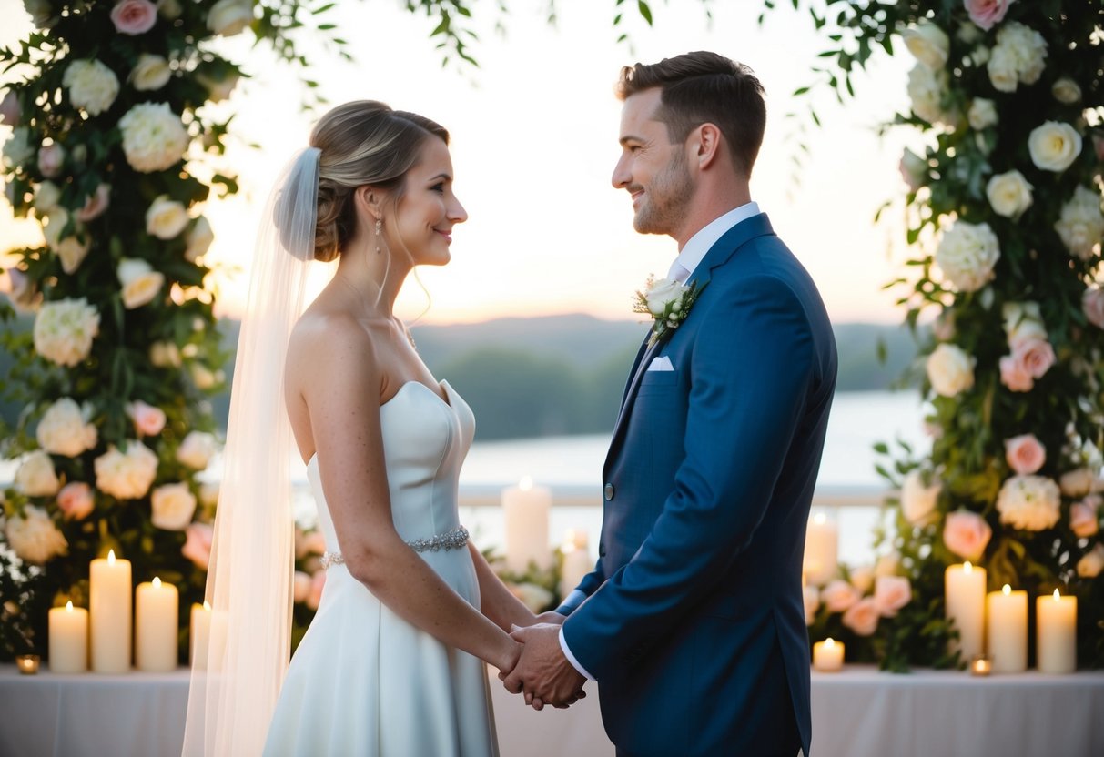 A groom and bride stand facing each other, surrounded by flowers and candles. The setting is intimate and romantic, with soft lighting and a serene atmosphere