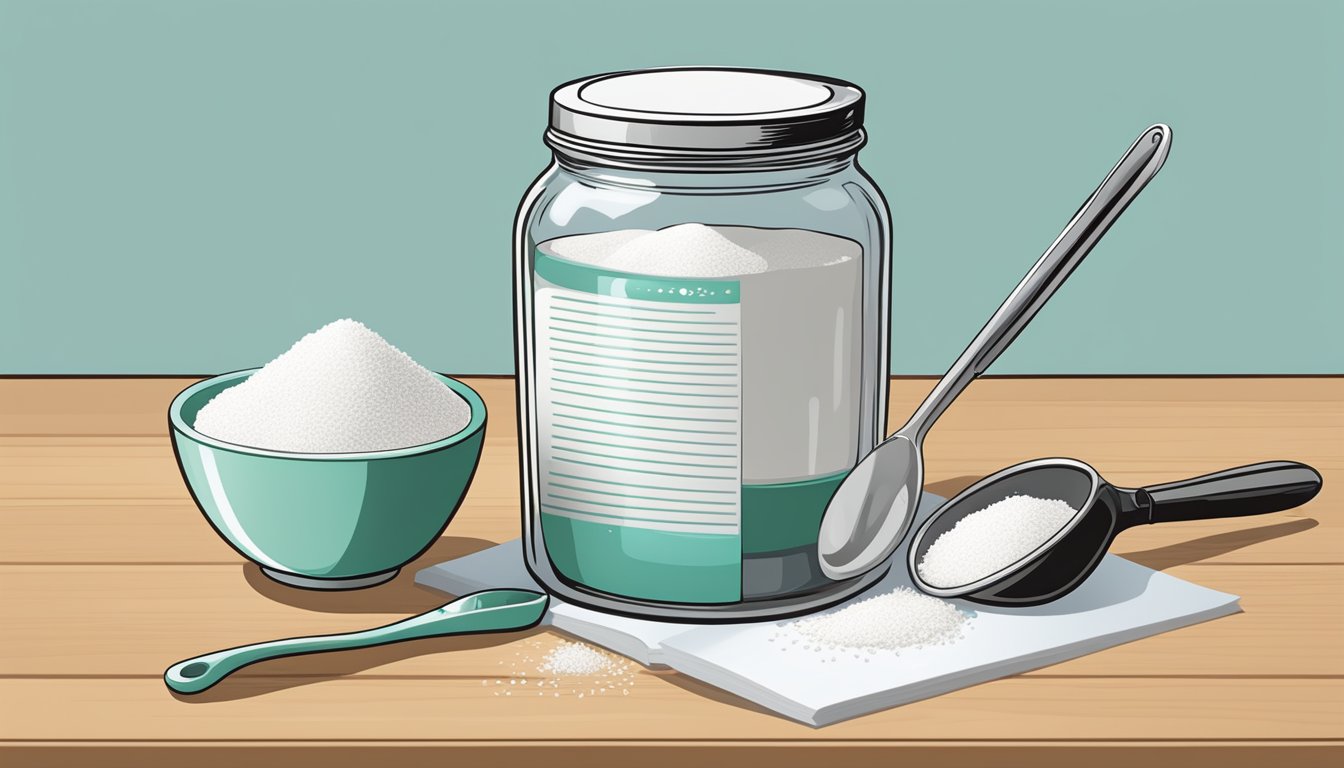 A jar of sugar being poured into a mixing bowl, with a measuring spoon and a recipe book nearby