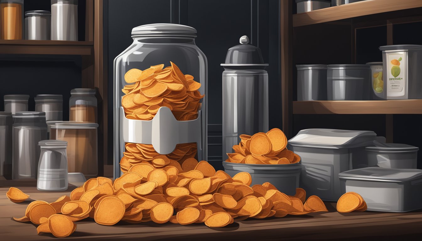 Sweet potato chips stored in an airtight container in a cool, dark pantry