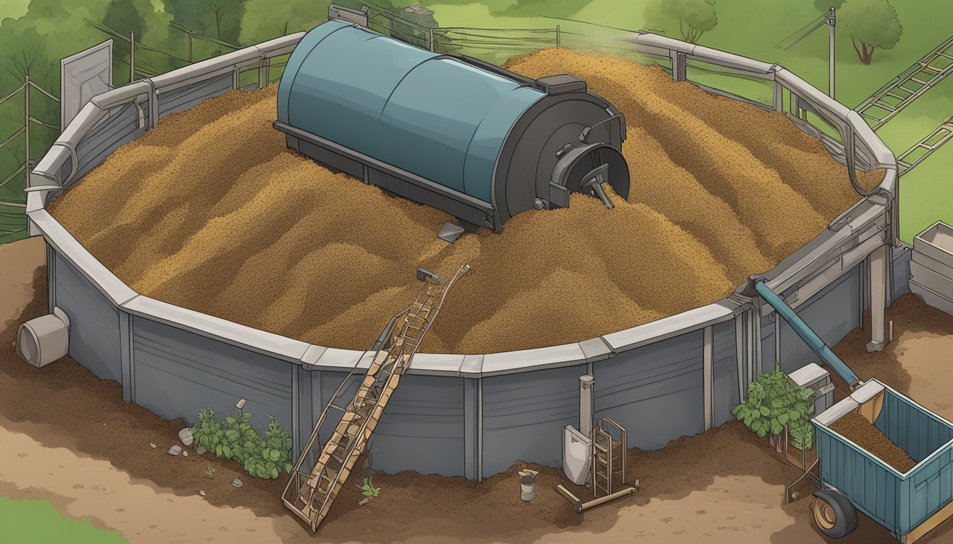 A pile of chicken manure is being mixed into a compost heap, with various other organic materials surrounding it. Steam rises from the mixture, as the process helps reduce the odor