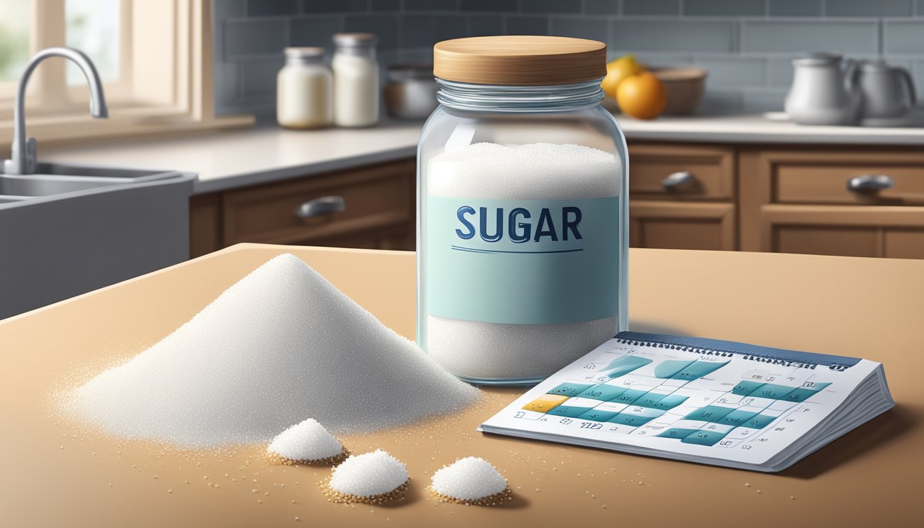 A jar of sugar on a kitchen counter, with a calendar showing the current date, and a few sugar grains spilling out onto the counter