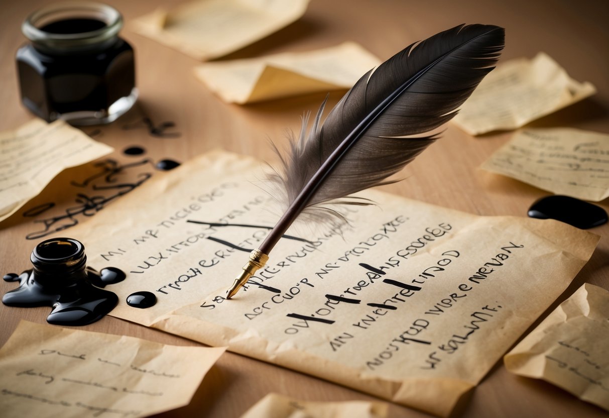 A quill pen hovers over a parchment filled with crossed-out words and scribbles, surrounded by crumpled papers and spilled ink
