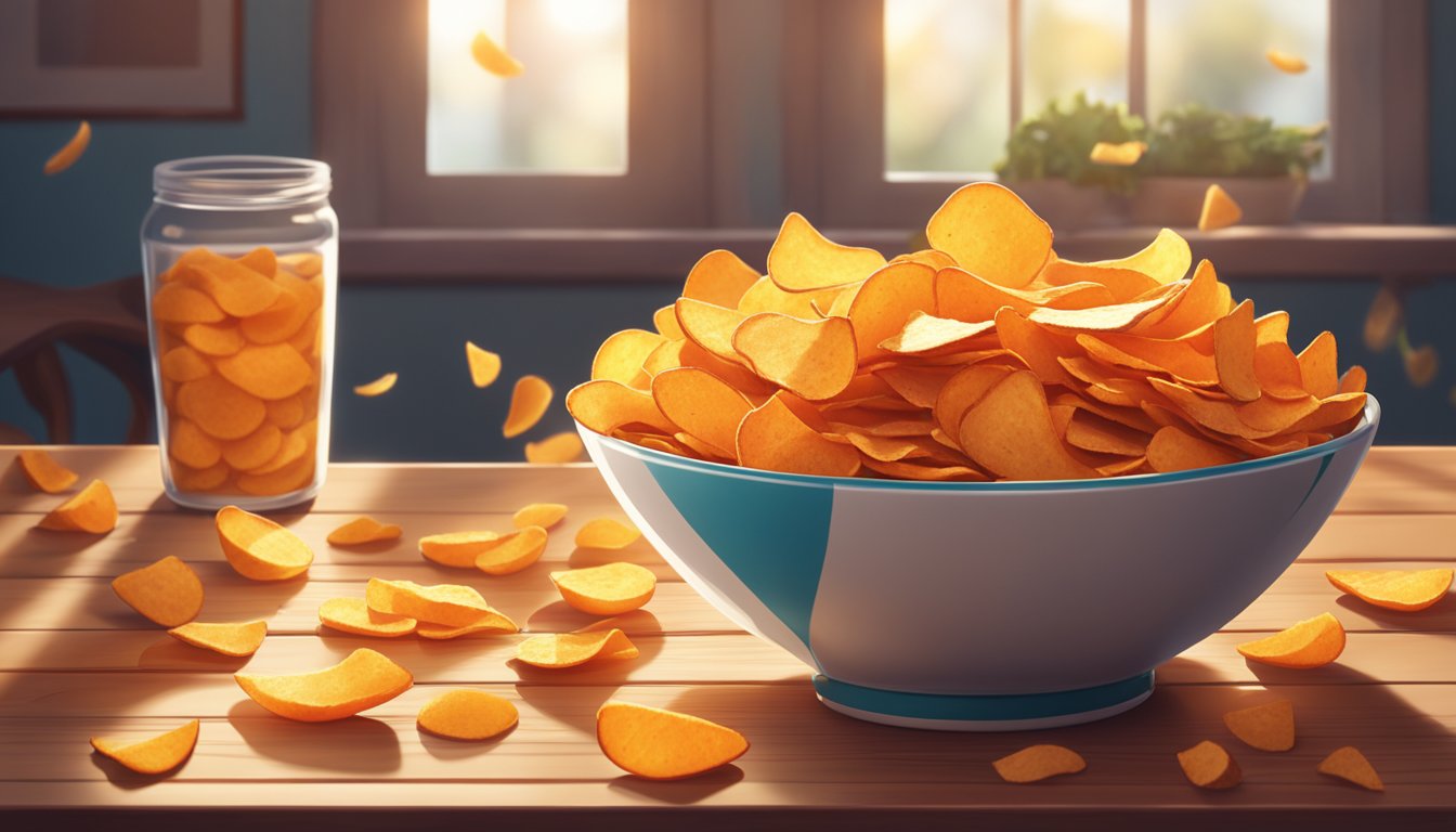 A bowl of sweet potato chips sits on a wooden table, surrounded by scattered crumbs. Sunlight filters through a nearby window, casting a warm glow on the crunchy snacks