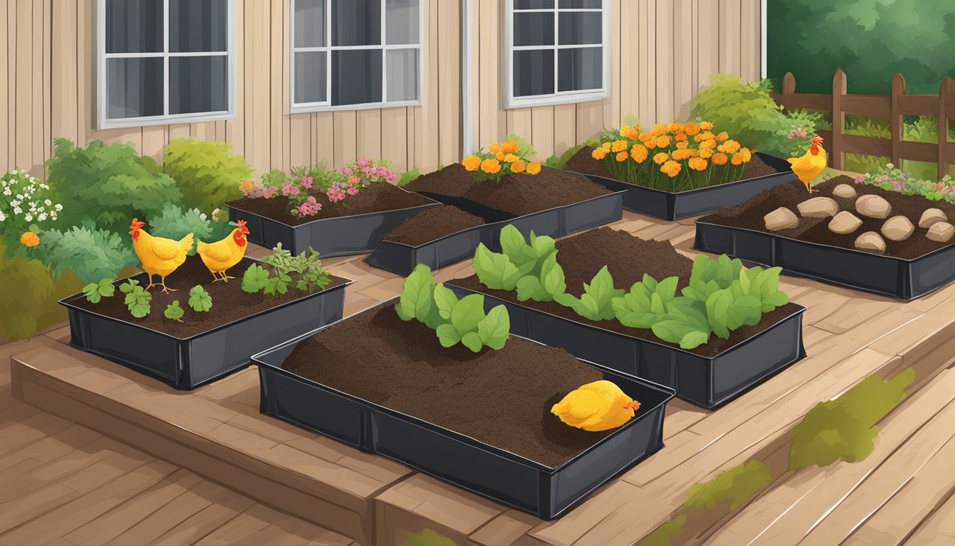 A garden bed layered with chicken manure as mulch, surrounded by compost bins and gardening tools