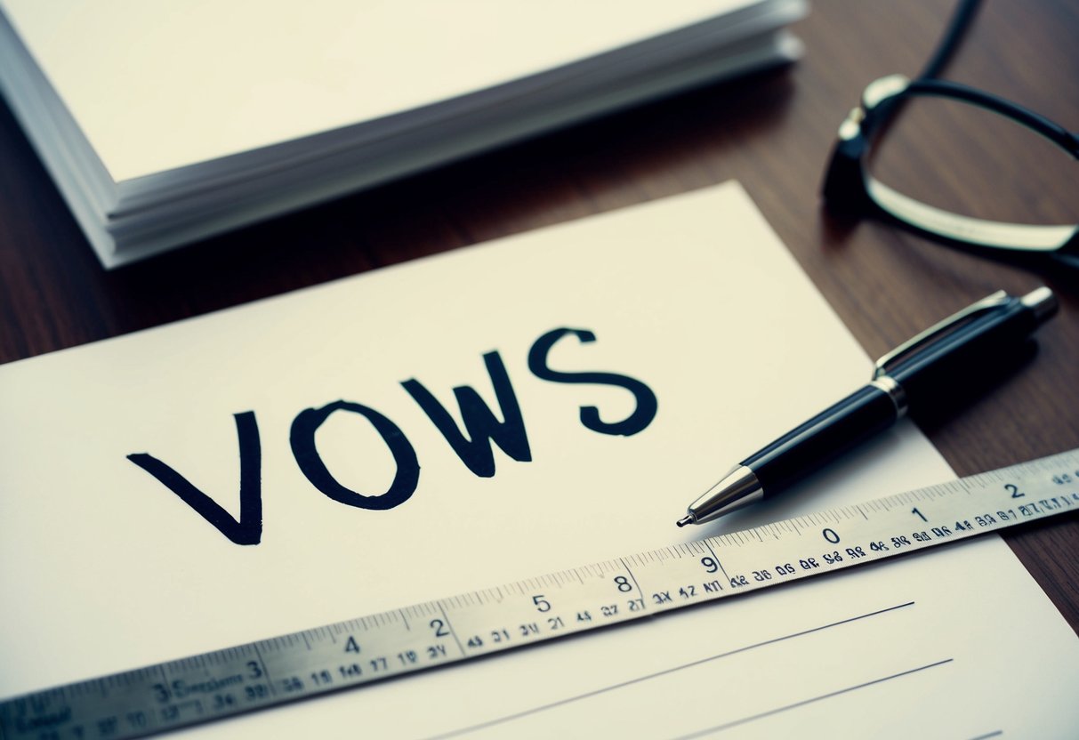 A table with a pen, paper, and a ruler. The paper has "vows" written at the top and the ruler is measuring the length