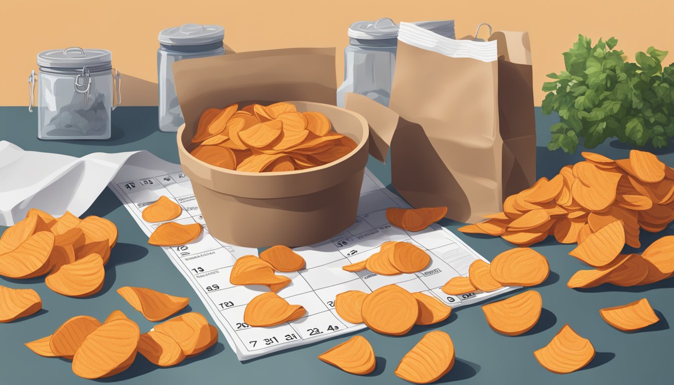 A pile of sweet potato chips sits on a kitchen counter, some in a sealed bag, others scattered loose. A calendar on the wall indicates the current date