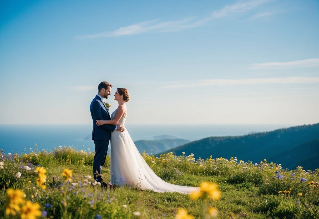 A couple stands on a sun-drenched hilltop, surrounded by blooming wildflowers and a clear blue sky, contemplating their wedding vows
