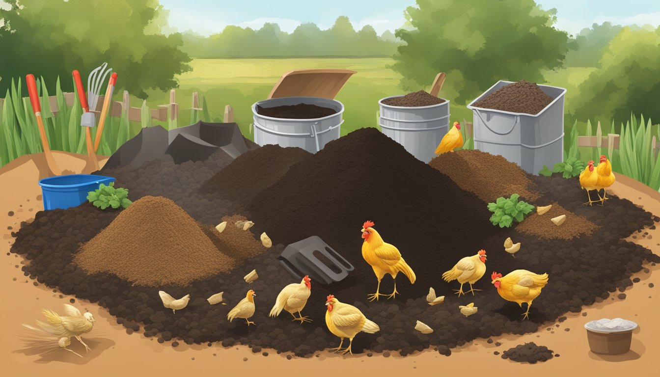 A pile of chicken manure surrounded by various composting materials and tools, with eight different methods of incorporating the manure into the compost