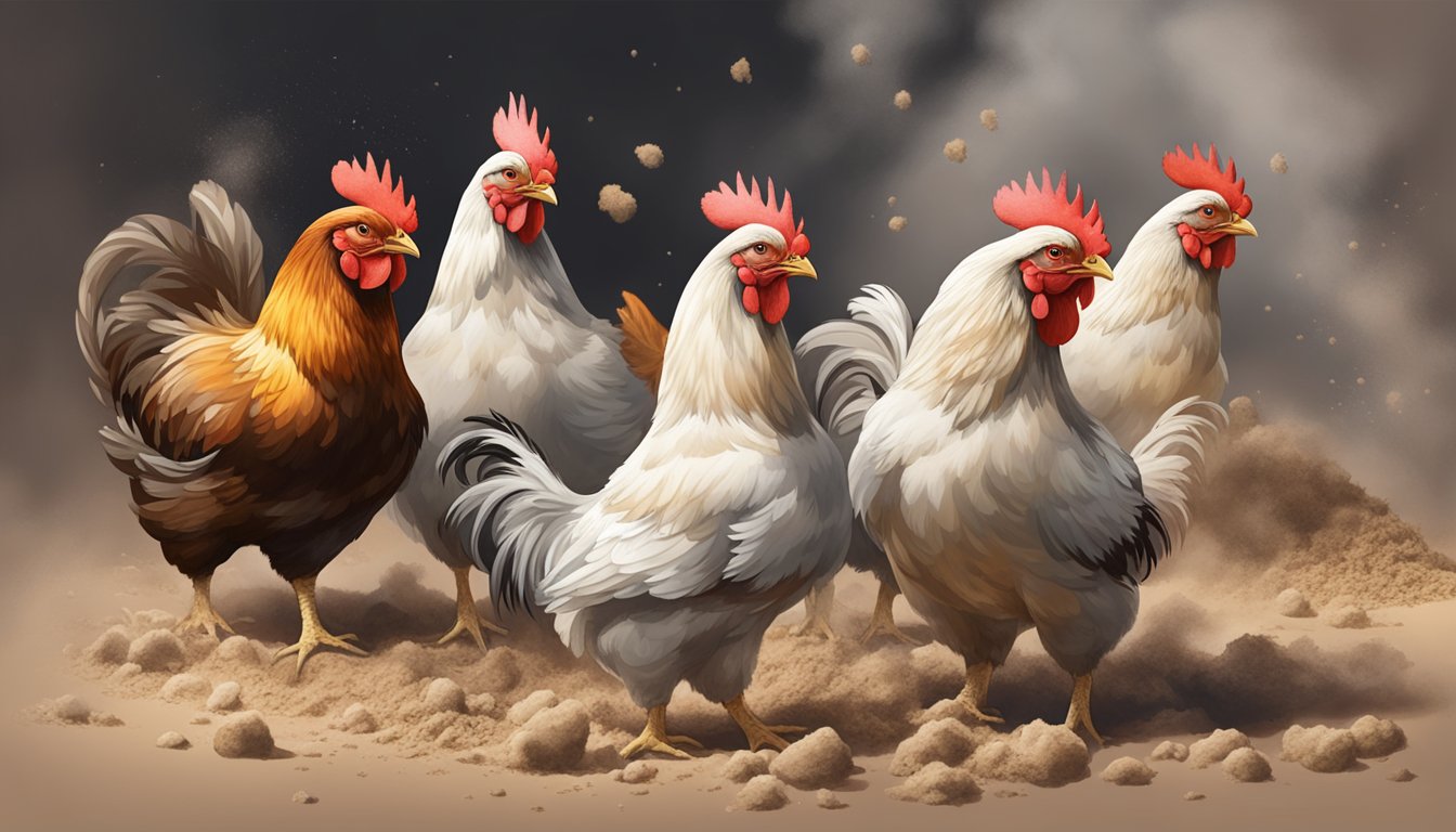 A group of chickens are seen rolling around in a dust bath filled with ashes, using it to clean and groom themselves in their coop