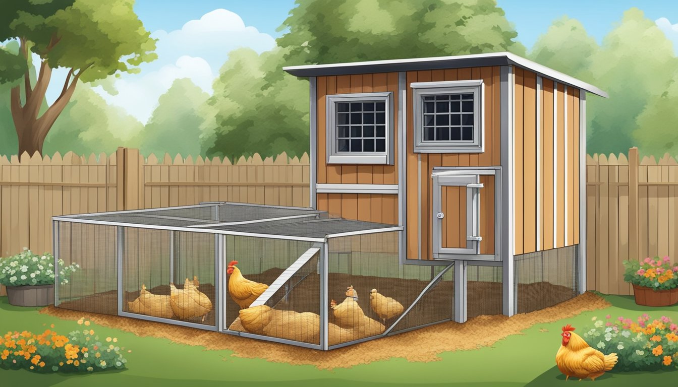 A chicken coop with straw bedding used as mulch for the garden, compost bins, nesting boxes, and dust baths