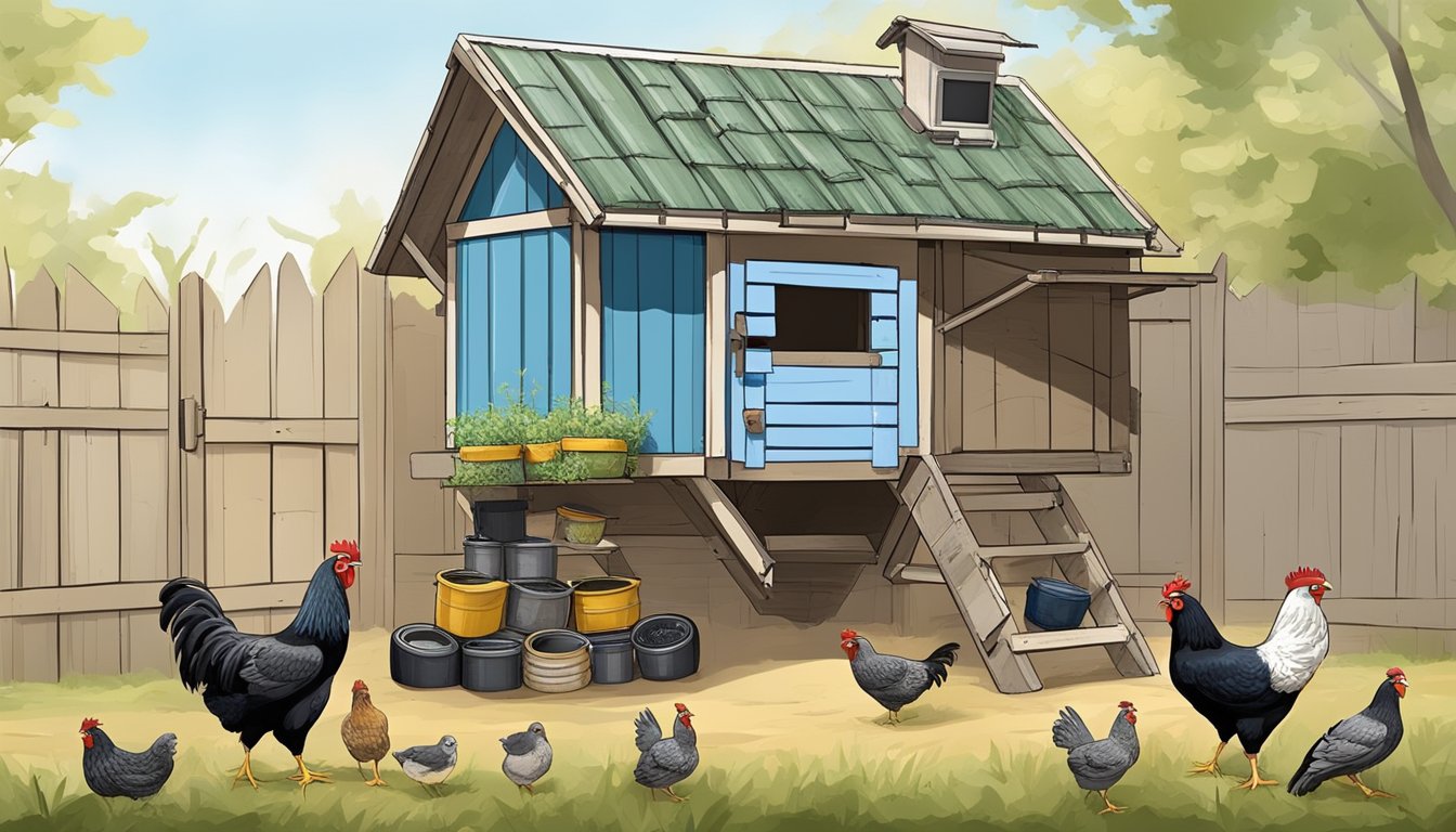 A chicken coop with various recycled items such as old tires, plastic containers, and wood pallets being used as nesting boxes, feeders, and perches