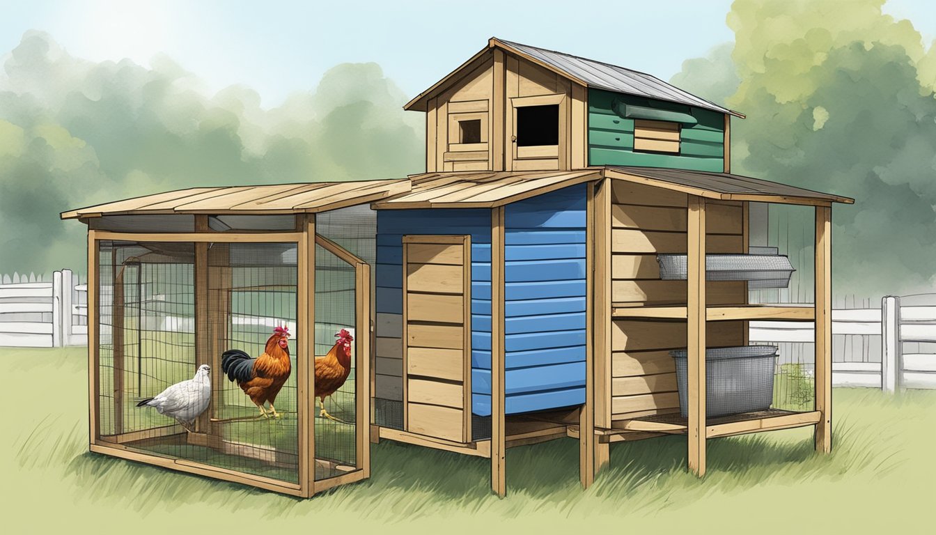 A chicken coop made from repurposed materials: old wooden crates, metal barrels, and plastic bottles turned into nesting boxes and feeders