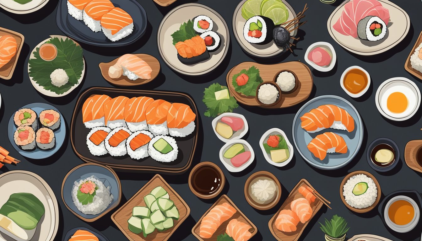 A plate of sushi sits on a wooden table, surrounded by small dishes of soy sauce and pickled ginger. The sushi pieces are arranged neatly, showcasing the variety of ingredients and colors