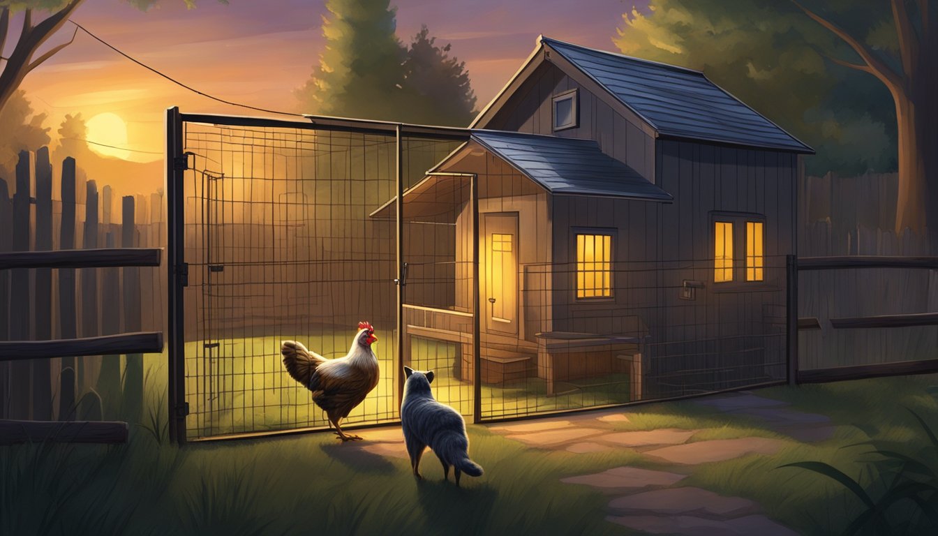 A backyard chicken coop surrounded by tall fences and motion-activated lights. A vigilant guard dog patrols the perimeter as raccoons and coyotes lurk in the shadows