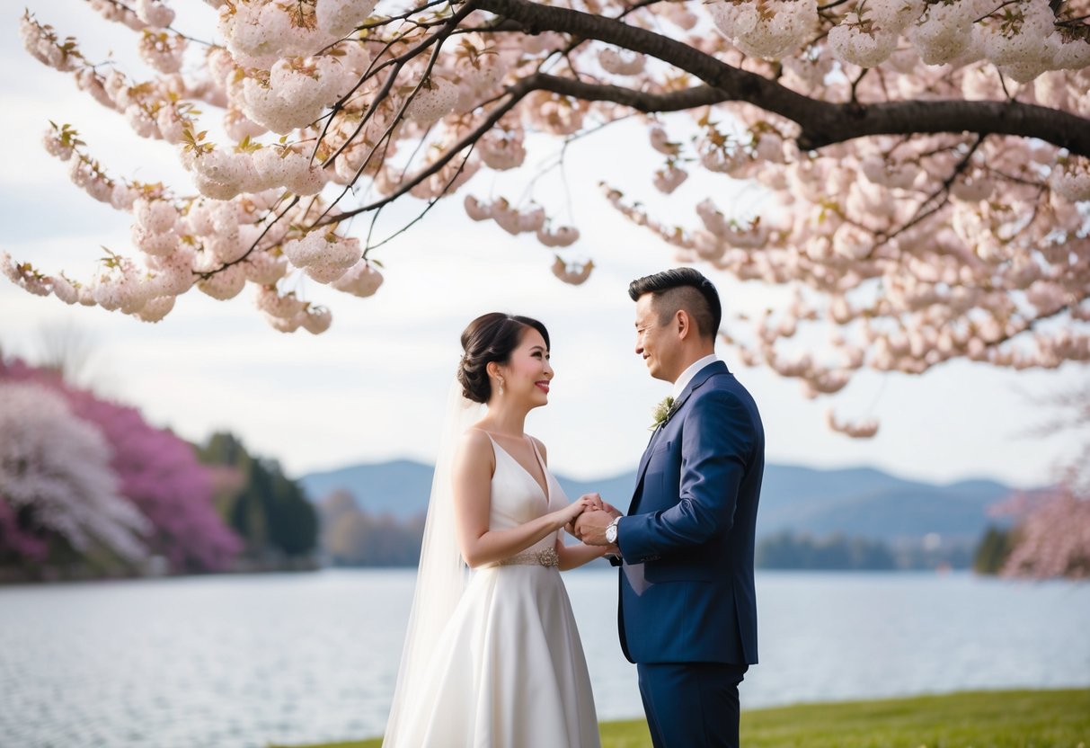 A couple standing under a blooming cherry blossom tree, exchanging vows with a serene lake in the background