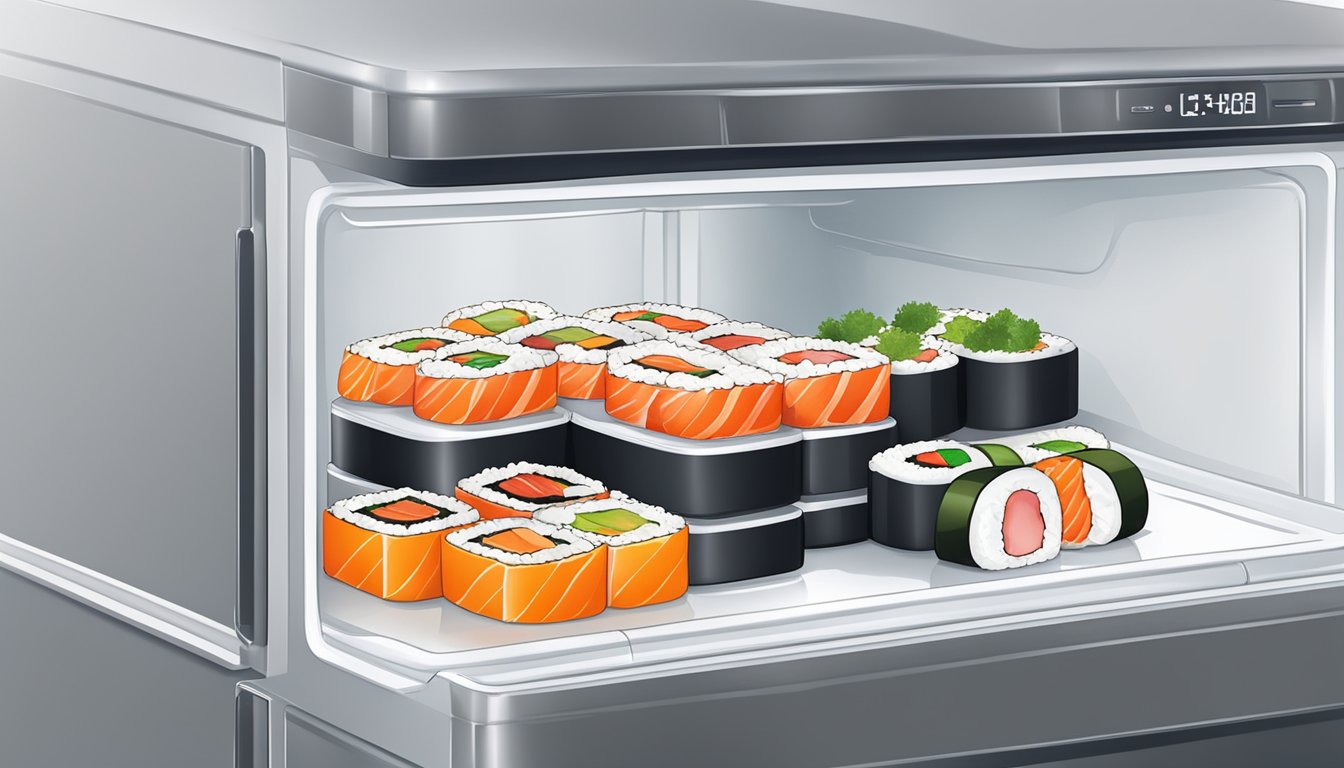 Airtight container with fresh sushi, labeled with date. Refrigerator temperature gauge visible