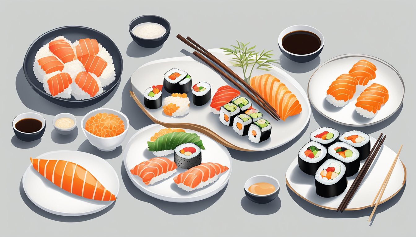 A plate of sushi sits on a clean, white surface. The sushi pieces are arranged neatly, with vibrant colors and fresh-looking ingredients. A small dish of soy sauce and a pair of chopsticks are placed next to the sushi