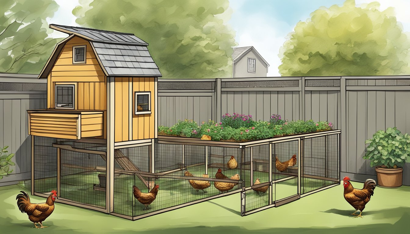 A small urban backyard with a cozy chicken coop, raised garden beds, and a hanging feeder, showcasing the efficient use of limited space for bantam chicken breeds