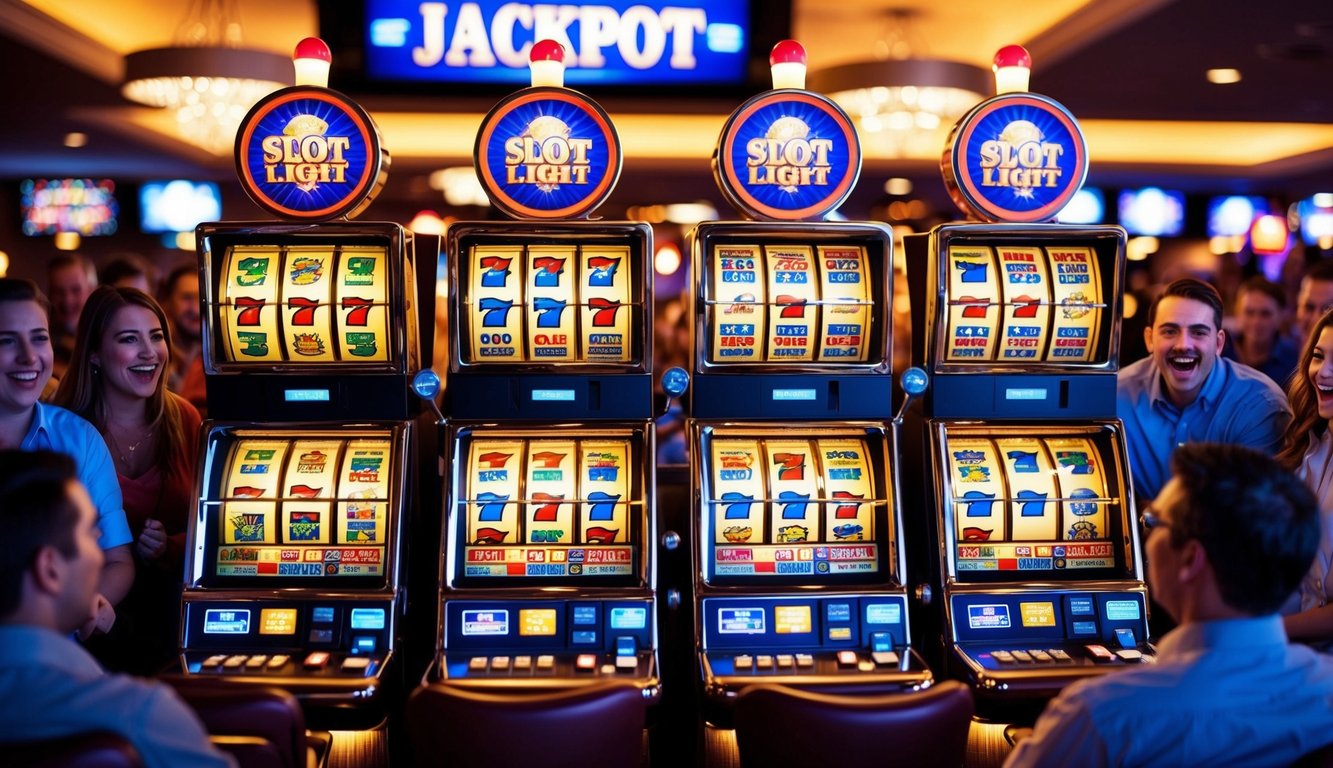 Mesin slot yang terang benderang dengan lampu berkedip dan gulungan berputar, dikelilingi oleh pemain yang bersemangat dan tampilan jackpot yang besar